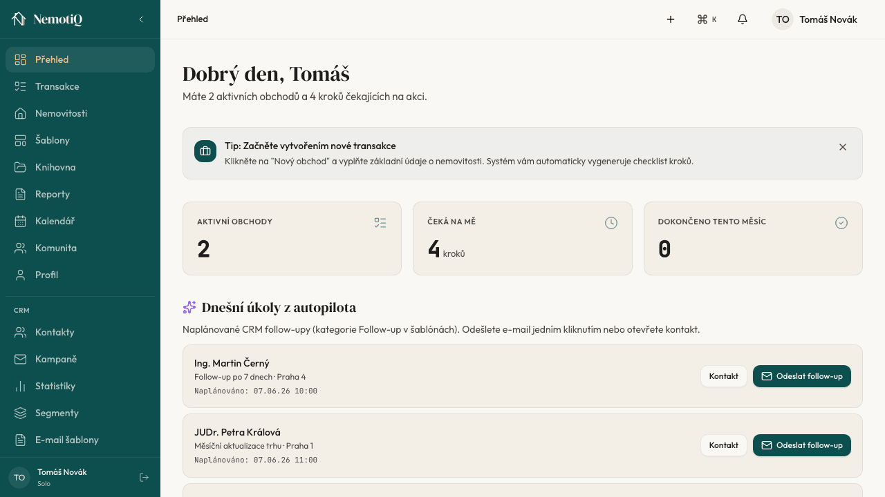 Přehled makléře, obchody a úkoly