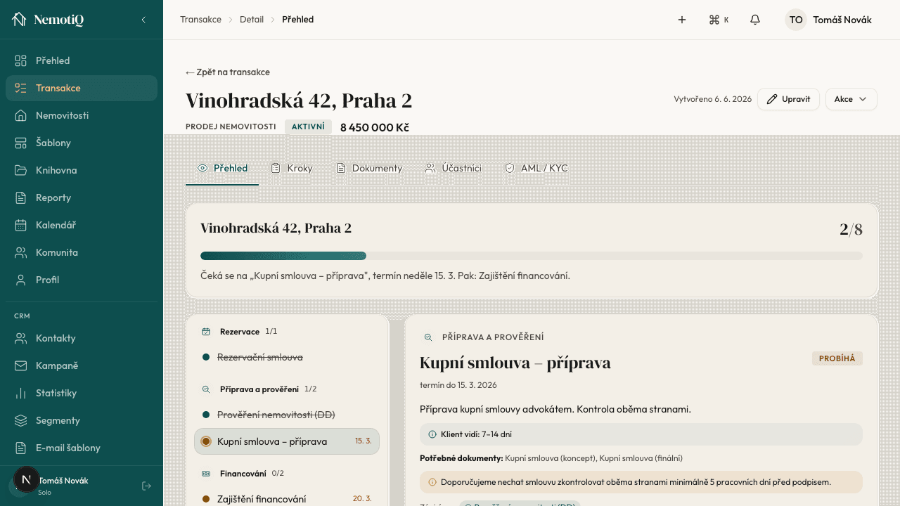 Detail transakce, pracovní plocha s fázovou cestou